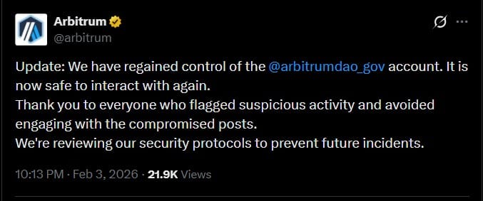 ARB因DAO账户泄露短暂下跌，但价格迅速企稳