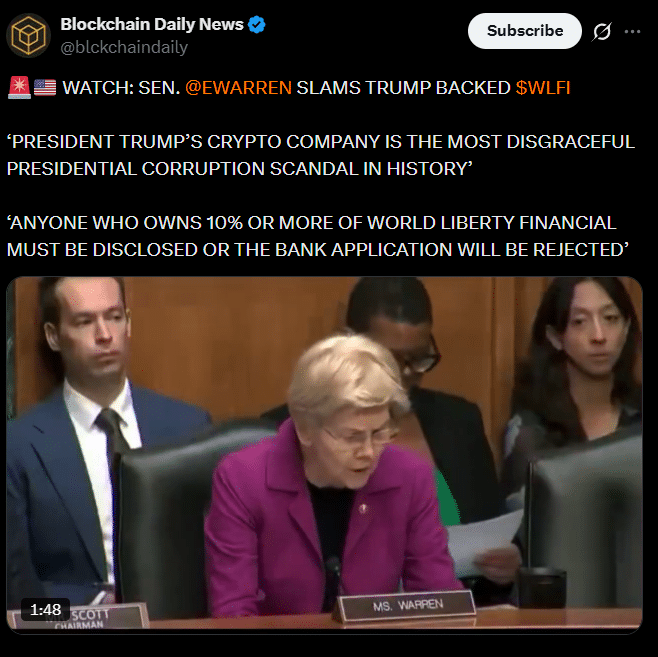 伊丽莎白·沃伦抨击特朗普支持的WLFI