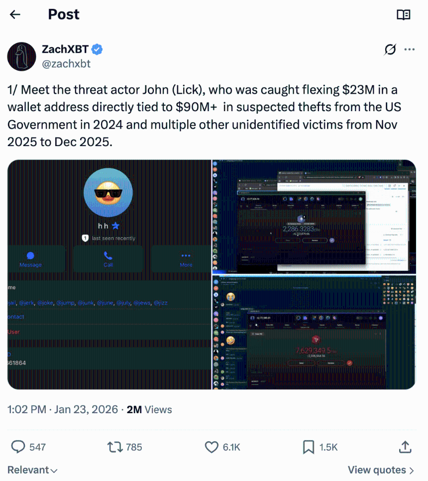 ZachXBT在一月份关于美国法警局加密货币盗窃的调查