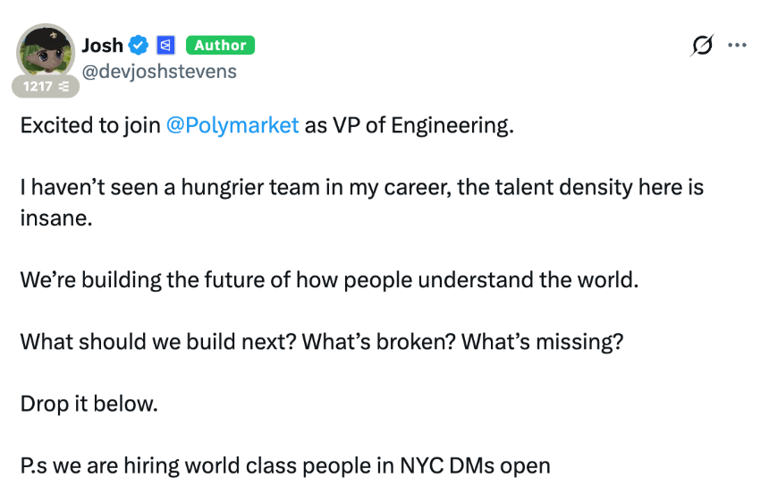 设计、开发、法务、体育……Polymarket开启“全栈式”抢人，