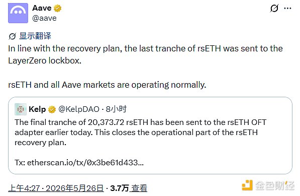 Kelp DAO 4 亿美元坏账兜住了 但 Aave 付出了 120 亿美元的代价
