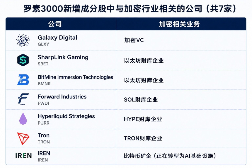 罗素3000指数新增公司中与加密相关的公司（由AI制图)