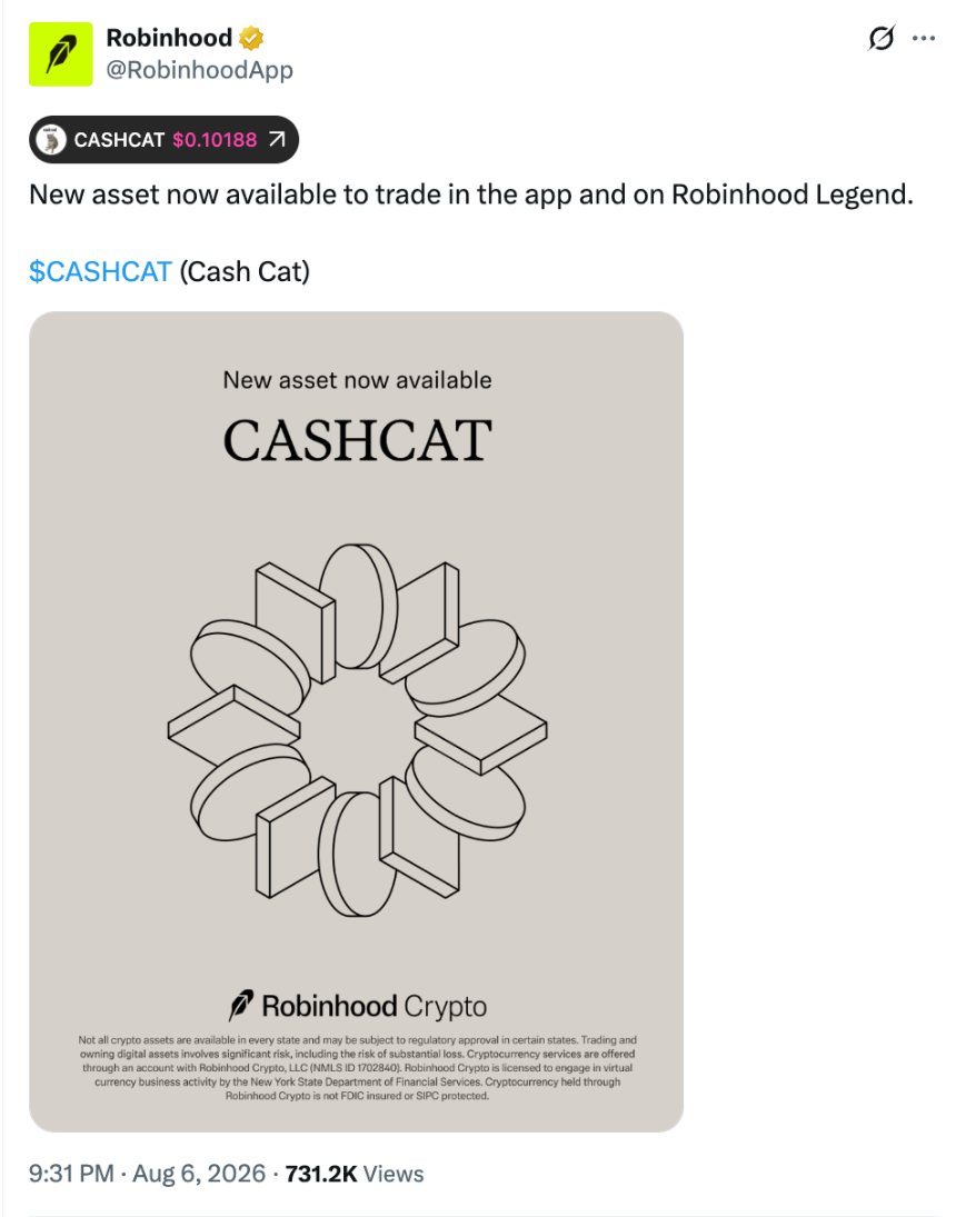 Robinhood上线CashCat，下一个Meme币工厂已就位